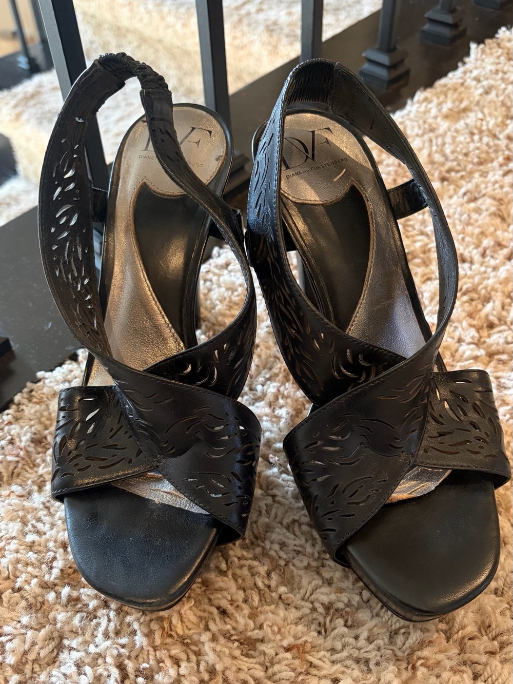 Diane Von Furstenberg Black Laser-Cut Slingback Heels